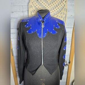 Vtg 90's Western Cropped Leather Polyester Black and Blue Studded Zip-Up Jacket